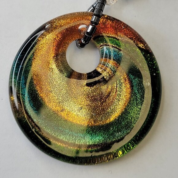 Hematite Necklace Murano Glass Rainbow Twirl Pendant - Picture 1 of 15
